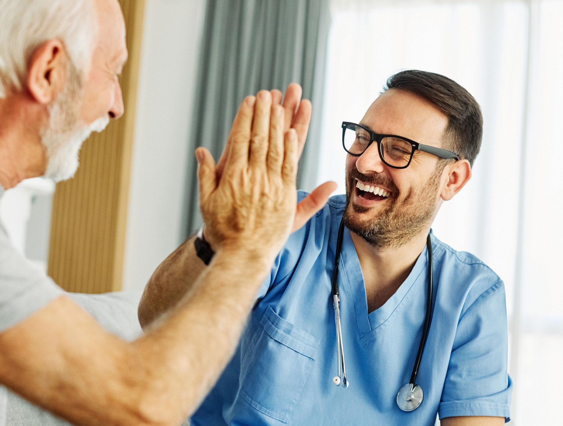 nurse doctor senior care caregiver help assistence high five retirement home nursing elderly health support teamwork man
